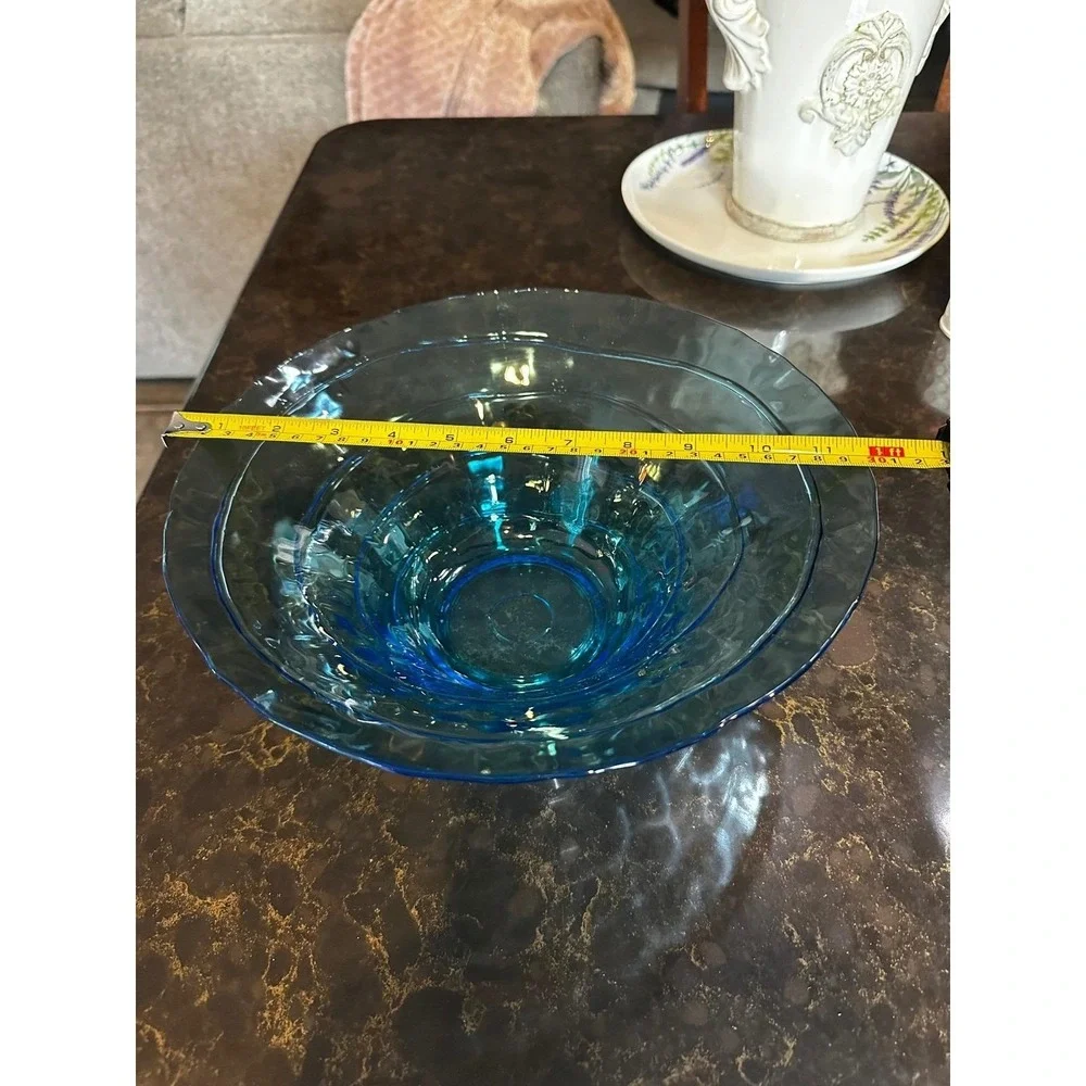 Turquoise Blue Glass Decorative Bowl Wavy Rim Textured Centerpiece 11.5 Inch